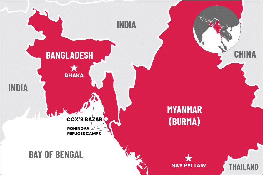Map of Asia showing the Bangladesh-Myanmar border, Cox's Bazar and Rohingya refugee camps.
