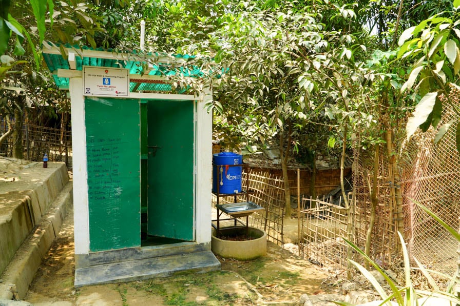 A toilet block incorporating a menstrual hygiene management chamber in Kutupalong Refugee Camp, Bangladesh.